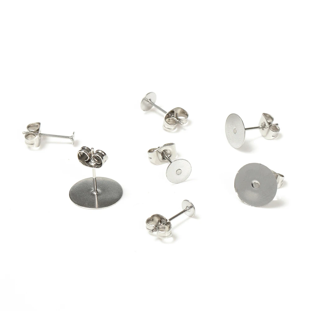 100Pcs Stainless Steel Earring Base Blank Ear Studs Pin Post 3/4/5/6/8/10/12mm Cabochon Setting for DIY Jewelry Making Findings