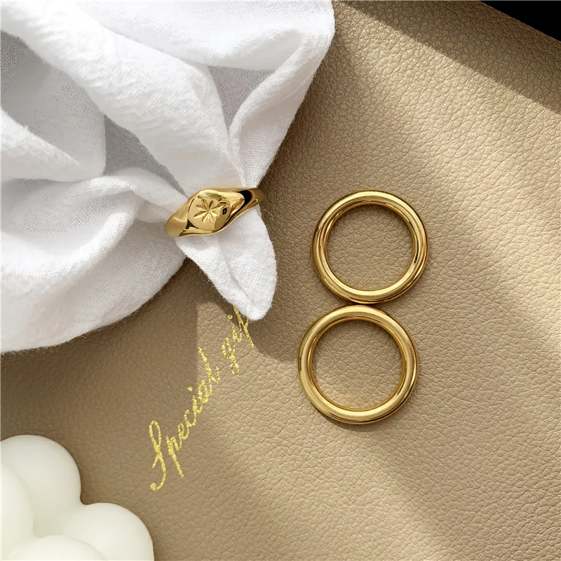 New Stainless Steel Engrave Starburst Signet Plain Round Stacker Rings for Women 18K Gold Plated Color  Ring Waterproof Jewelry