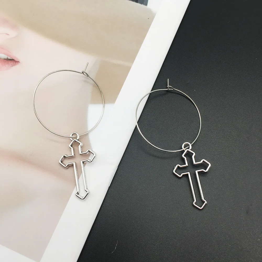 2020 Hot Fashion Handmade Simple Cool Punk Vintage Silver Color Cross Charms Drop Earrings Jewelry best Gift For Women girls