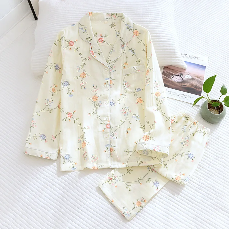 Fdfklak 100% Cotton Gauze Women Homewear Pajama Suit Casual Floral Printed 2Pcs Turn Down Collar Nightwear Pijamas Mujer