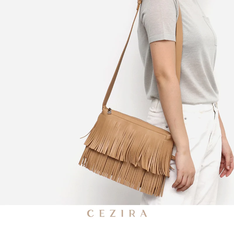 CEZIRA Bohemia Tassel Fringe Ladi Side Bags Vegan Leather Stylish Designer Girl Small Crossbody Bag Zip Envelope Clutch Purse