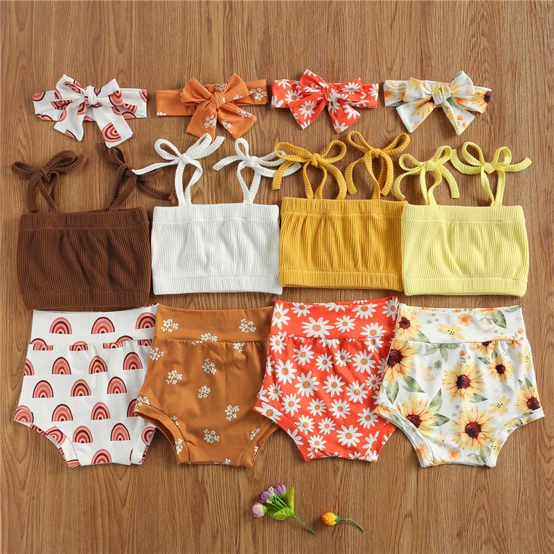 

0-18M Summer Lovely Baby Girls Clothes Sets 3pcs Sleeveless Vest Tops+Rainbow/Flowers Print Shorts Headband