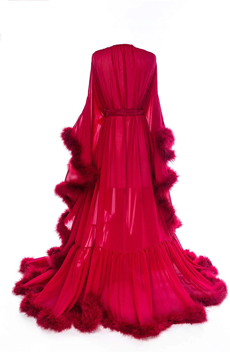 Red 2020 Feather Chiffon Evening Robe V Neck Bridal Robe Wedding Scarf Long Lingerie Robe Nightgown Bathrobe Sleepwear with Bel