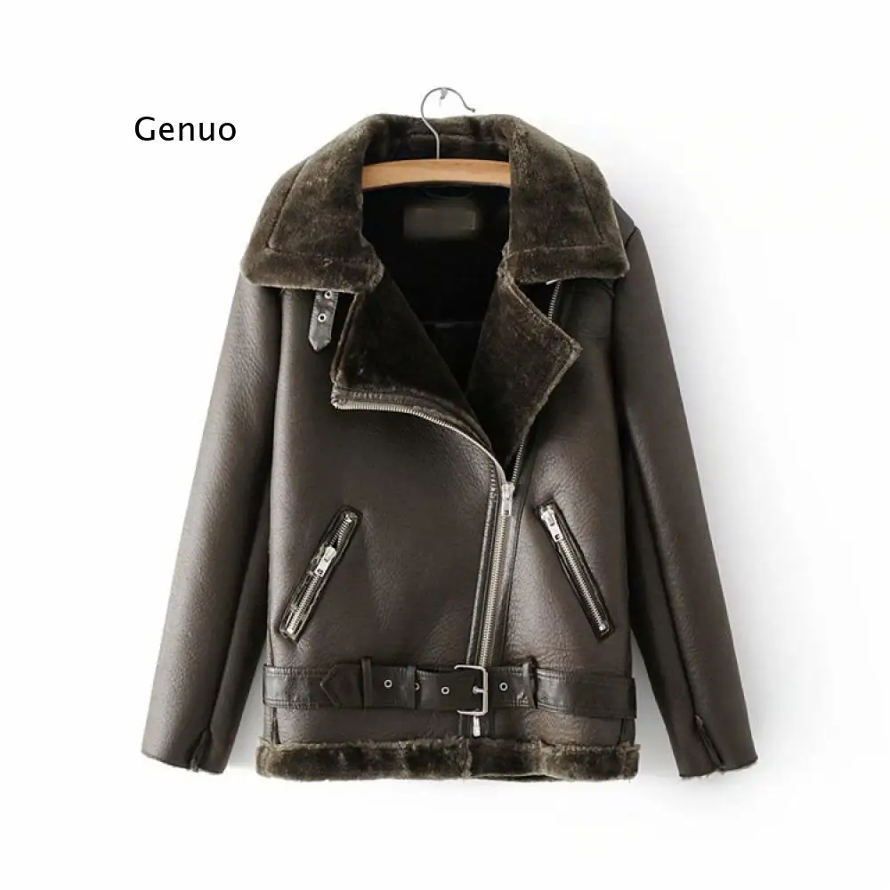 Faux Leather Jackets Women New Winter Thick Warm Suede Lamb Black Outwear Female Aviator Retro Lapel Velvet Fur One Coat Woman