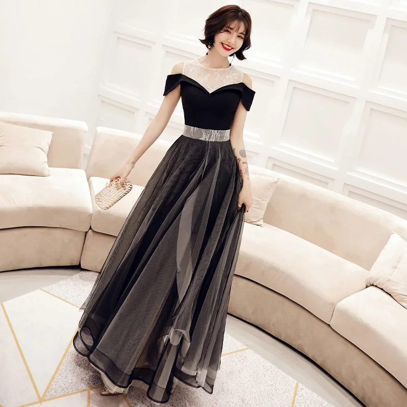 

2021 Black Evening A Line Dress for Long Banquet Girl Elegant Temperament Birthday Party Usually Wear Lllusion Prom Dress A090