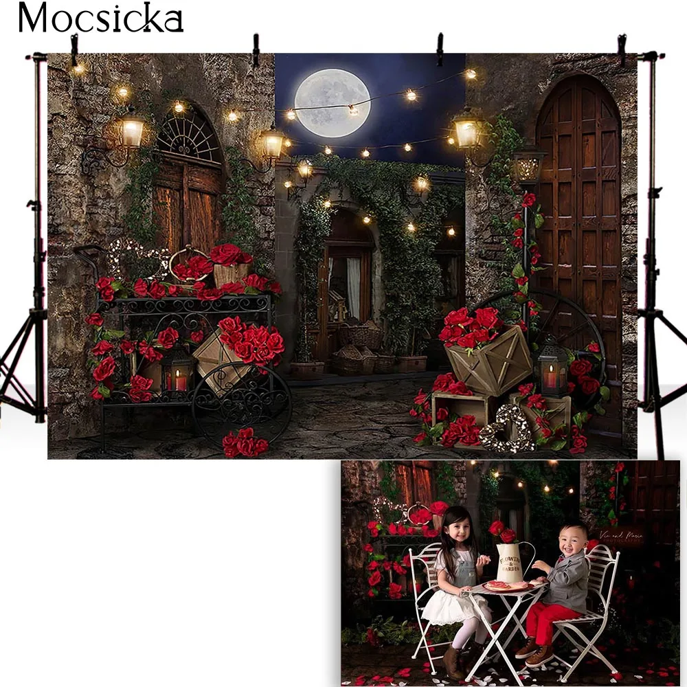 วันที่ Night Rose ดอกไม้ภาพพื้นหลังเด็กภาพฉากหลังสําหรับถ่ายภาพอิฐผนังวันวาเลนไทน์ Photocall พื้นหลัง