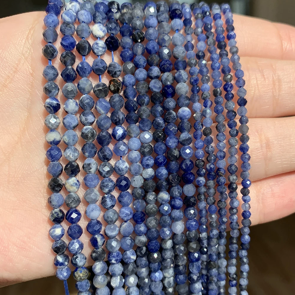 Natural Blue Sodalite Jaspers 2/3/4mm Faceted Loose Round Mineral Tiny Beads for Jewelry Making DIY Christmas Gift Bracelet 15''