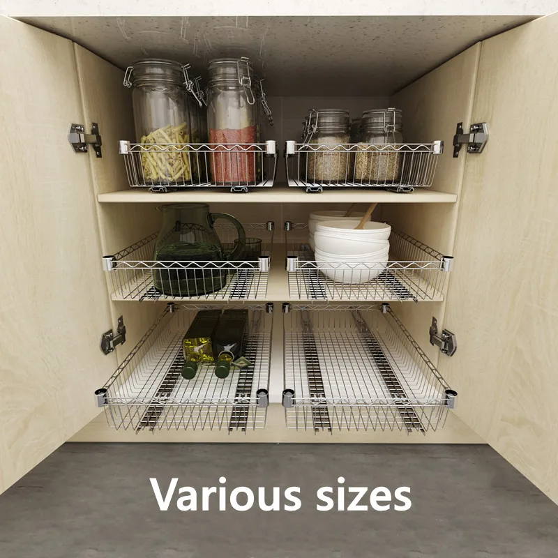 DIY Cupboard Drawer Basket Kitchen Storage Shelf Organizer Sliding Cabinet Basket Pull Out Metal Drawer Type Mesh Basket