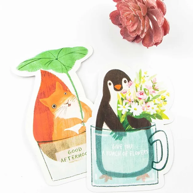 Juego de postales de animales de taza linda, tarjeta de felicitación, tarjeta de mensaje, carta de cumpleaños, sobre, tarjeta de regalo, 30 hojas