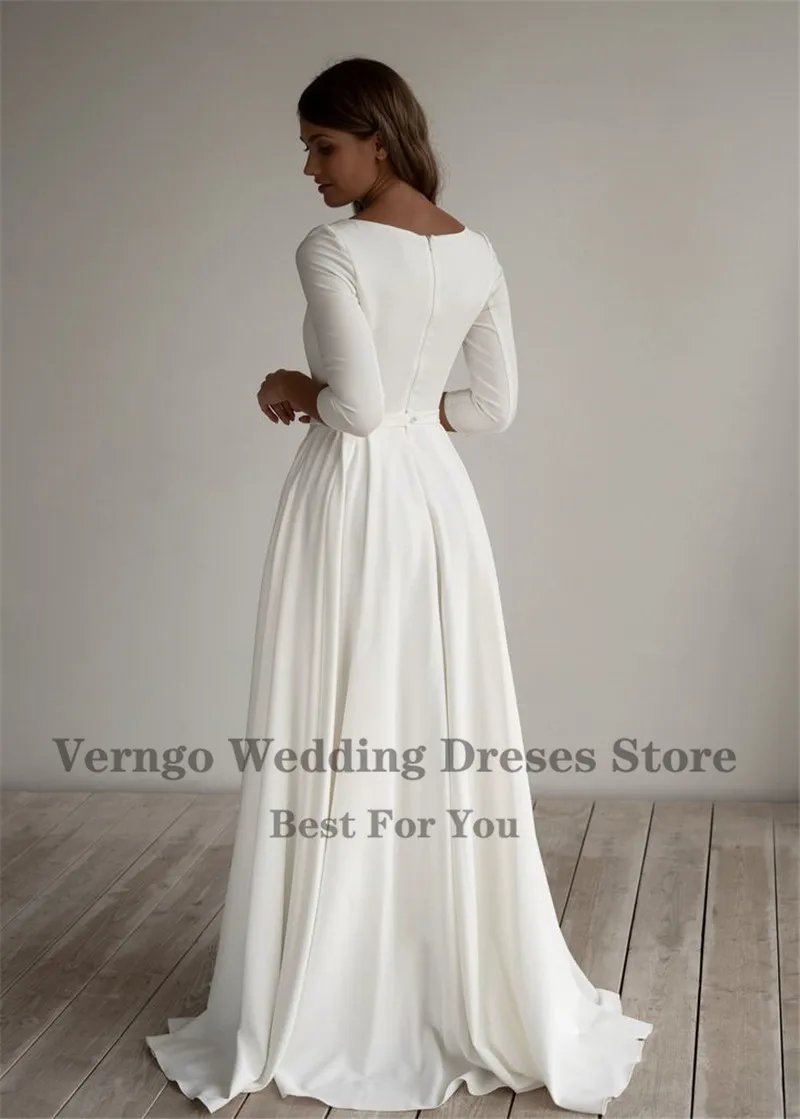 Verngo Simple Wedding Dress Long Sleeves A Line Crepe Boat Neck Elegant Bridal Dresses With Pockets Plus Size Customized