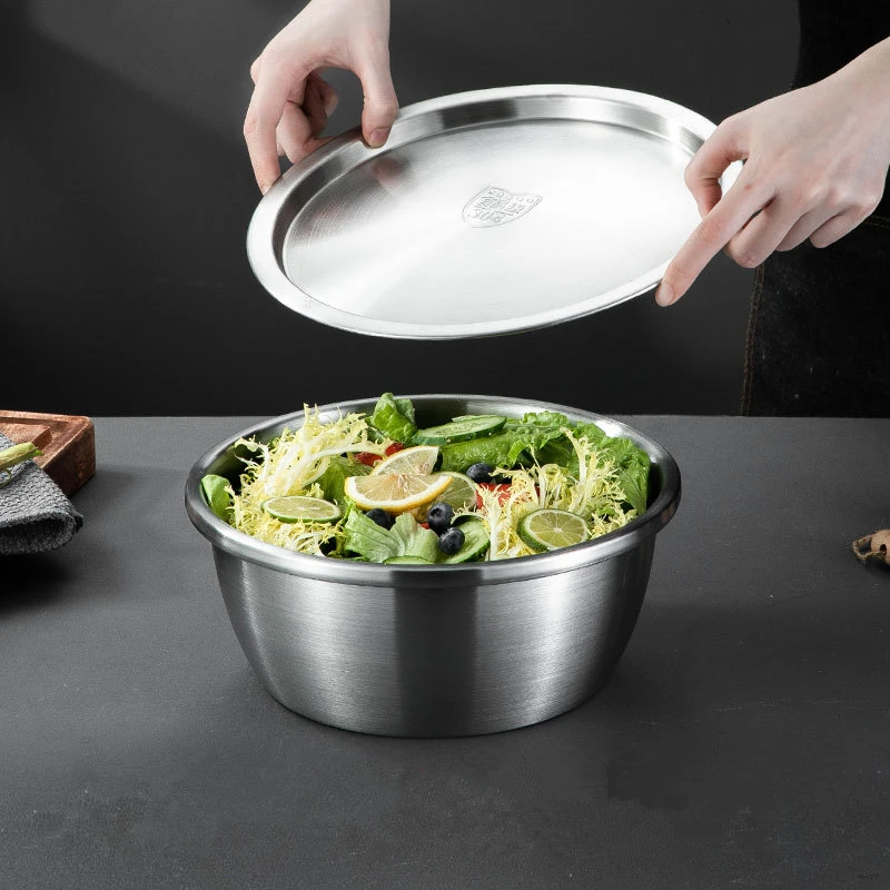 Stainless Steel Salad Bowls with Lid Fruit Vegetables Soup Bowl Tableware Cream Egg Mixer Food Container Kitchen Cooking Tools