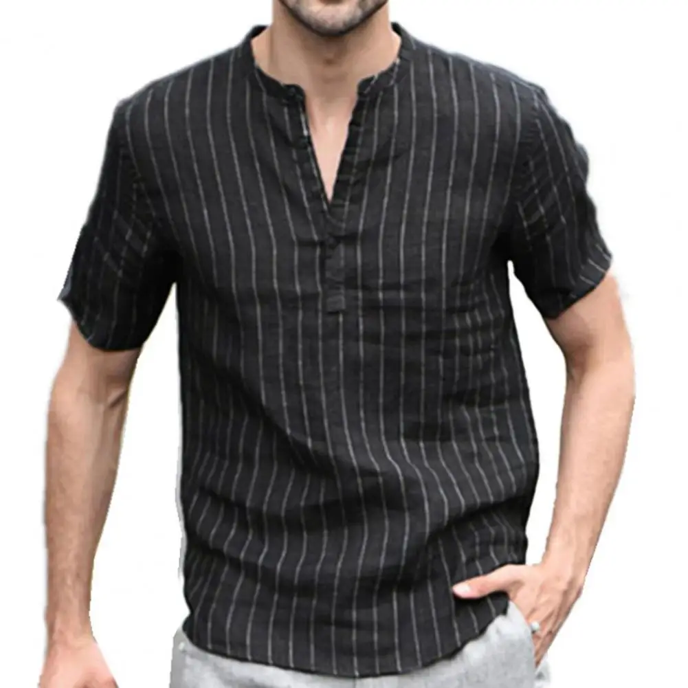 

Men Short Sleeve Shirt Striped Print V Neck Stand Collar Casual T-shirt Male Clothing