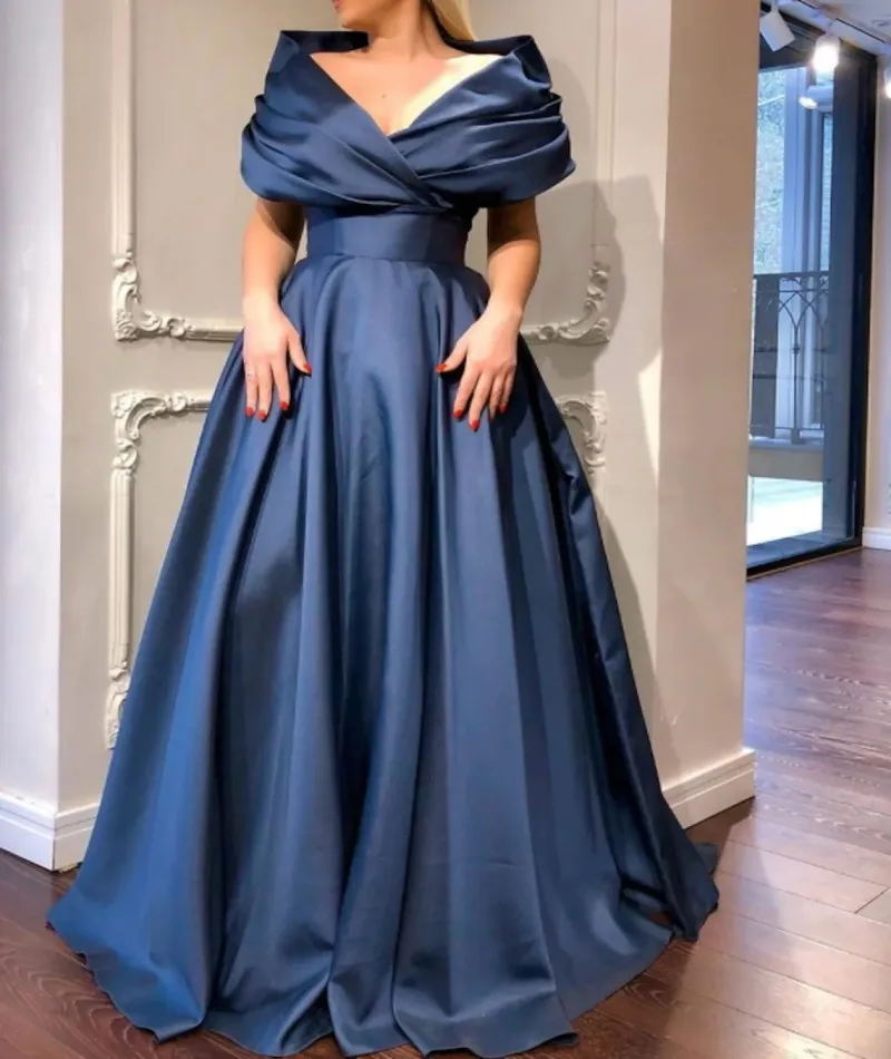 Elegant Dark Navy Satin Long Evening Dress V Neck Pleats Formal Party Gown Robes De Soirée Vestidos 2025 New Arabic Dubai