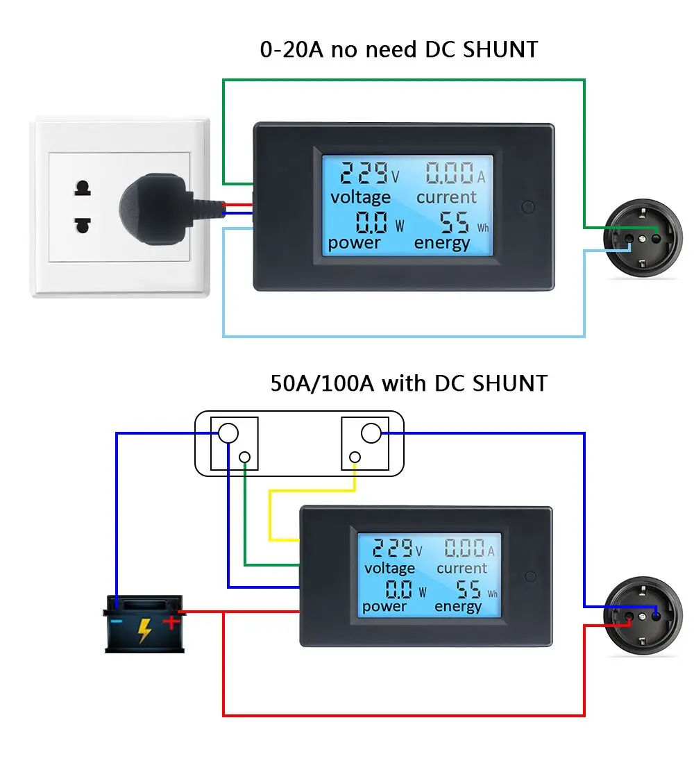 Digital Meter DC 6.5-100V Voltmeter Ammeter 20A/50A/100A 4 IN1 LCD Voltage Current Multifunction Power Energy Meter Tester Shunt