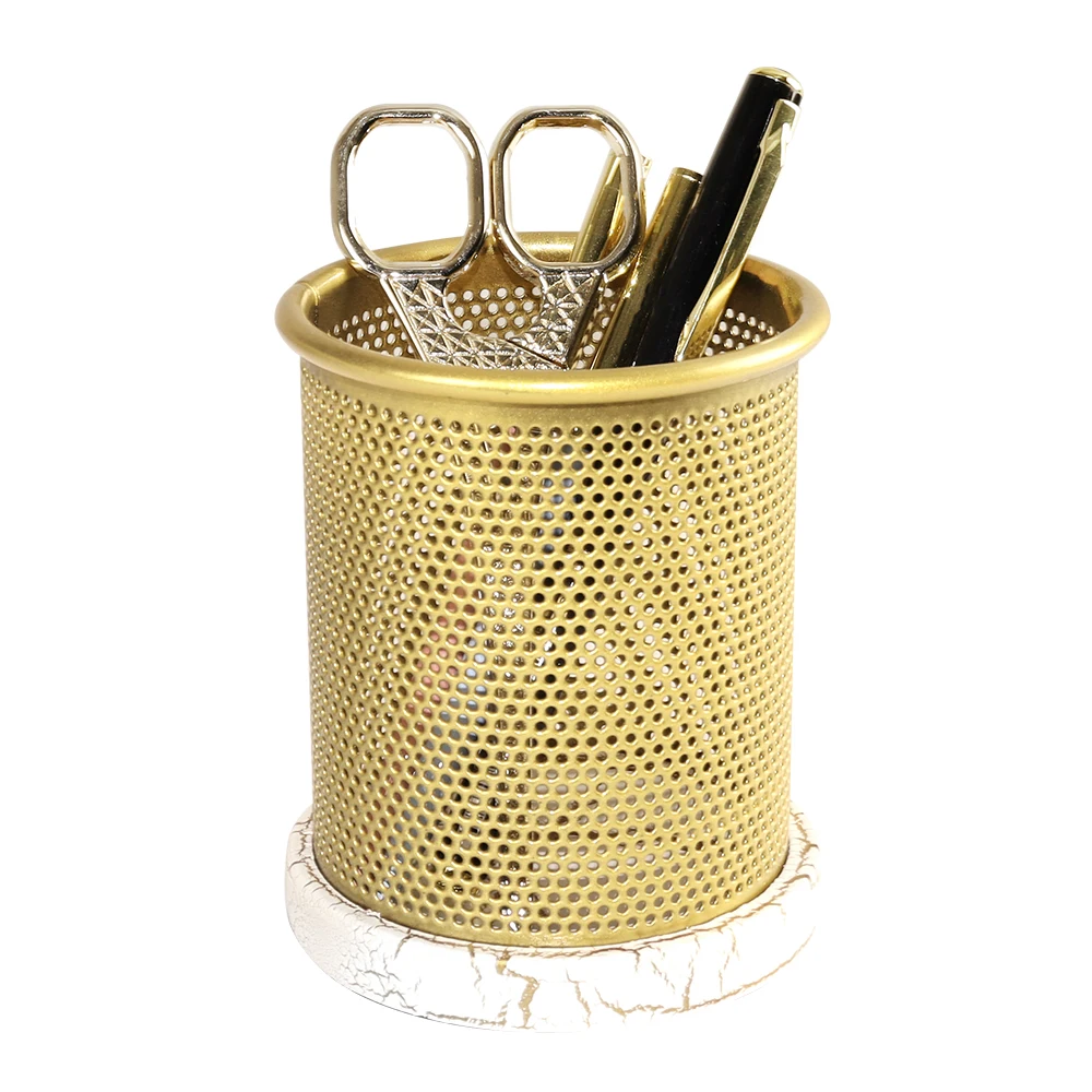 New White Stone Pattern Gold Pen Holder Square Wooden Iron Net Simple Retro Multifunctional Creative Office Business Use