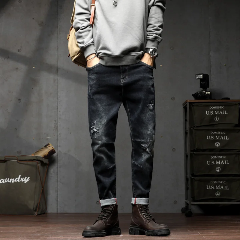 Men's Denim Pants Korean Fashion Summer Simplicity Daily Hole Patch Grey Blue casual Wear Jeans Personality Brand Trousers