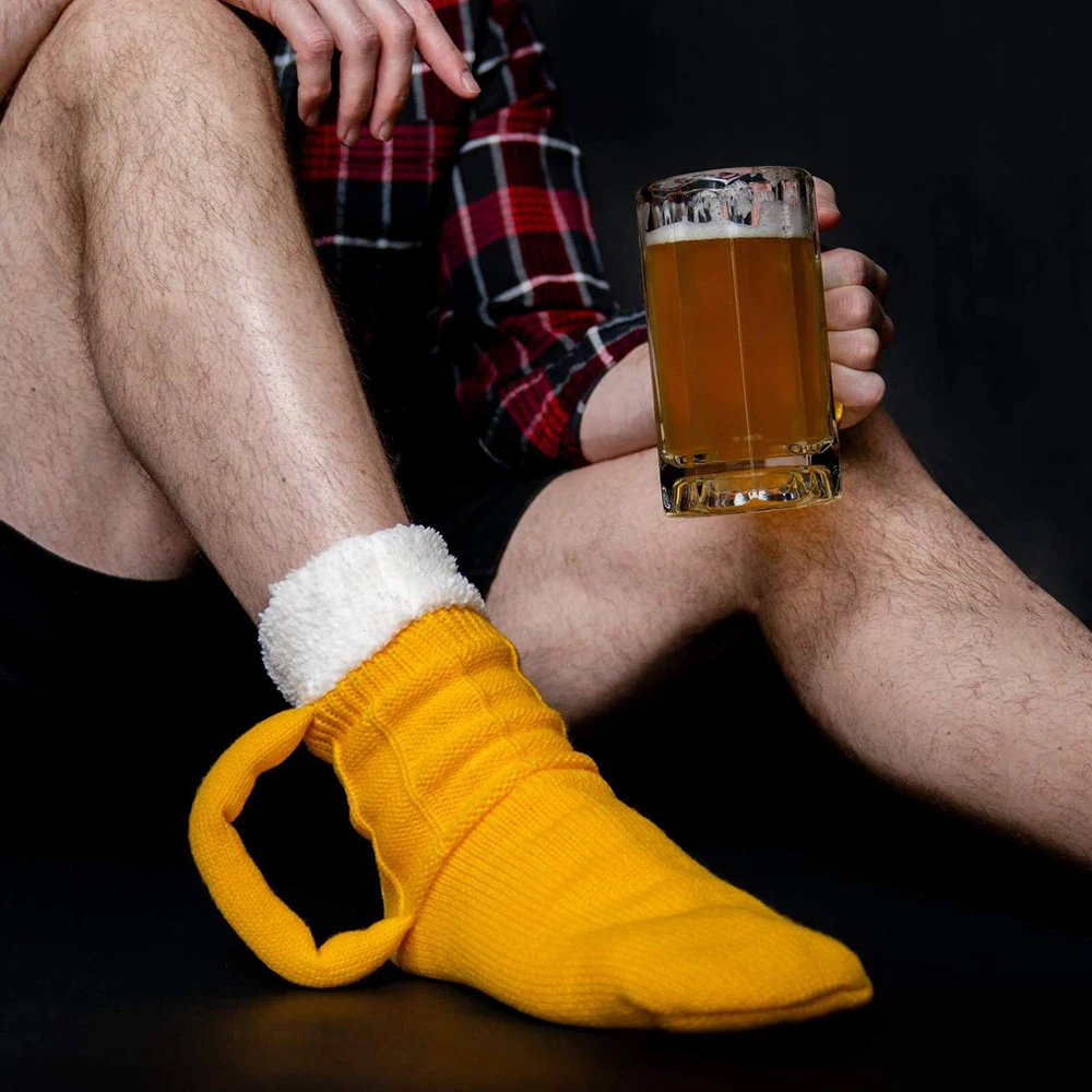 3D Beer Mug Knit Long Tube Socks Cute Unisex Novelty Winter Warm Beer Double Color Block Thick Plush Fleece Fluffy Floor Socks