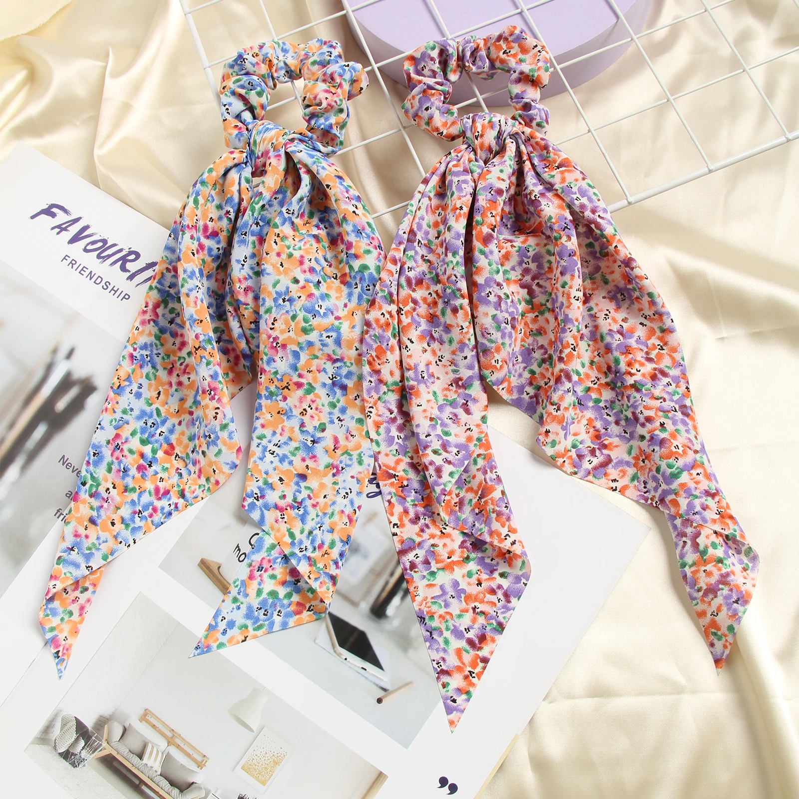 Fashion Floral Printing Bow Long Ribbon Ponytail Scarf Hair Tie Scrunchies Women Girls Elastic Hair Bands Hair Accessories