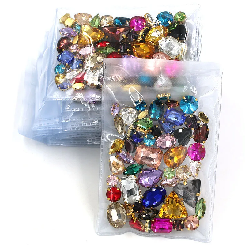 Wholesale 5 bags mixed shape mix colors gold base sewing glass crystal rhinestones for clothing/wedding dress