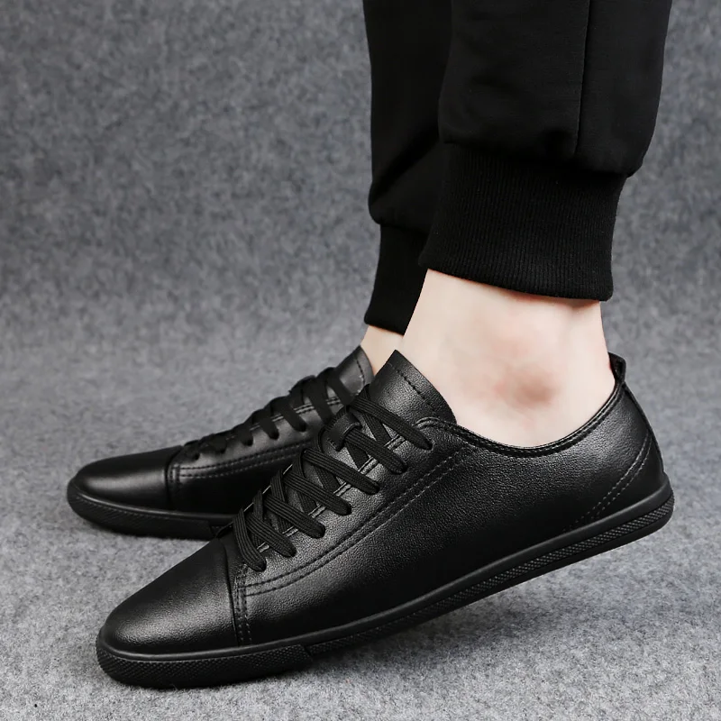 Mens White Shoes Genuine Leather Breathable Sneakers Black Flats wild casual tide shoes