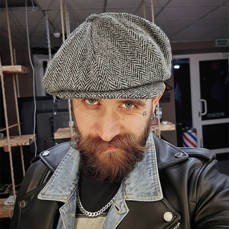 Zimowa wiosna w stylu Vintage męska czapka Beret w jodełkę Gatsby czapki uliczne z daszkiem ośmiokątne czapki brytyjskie berety