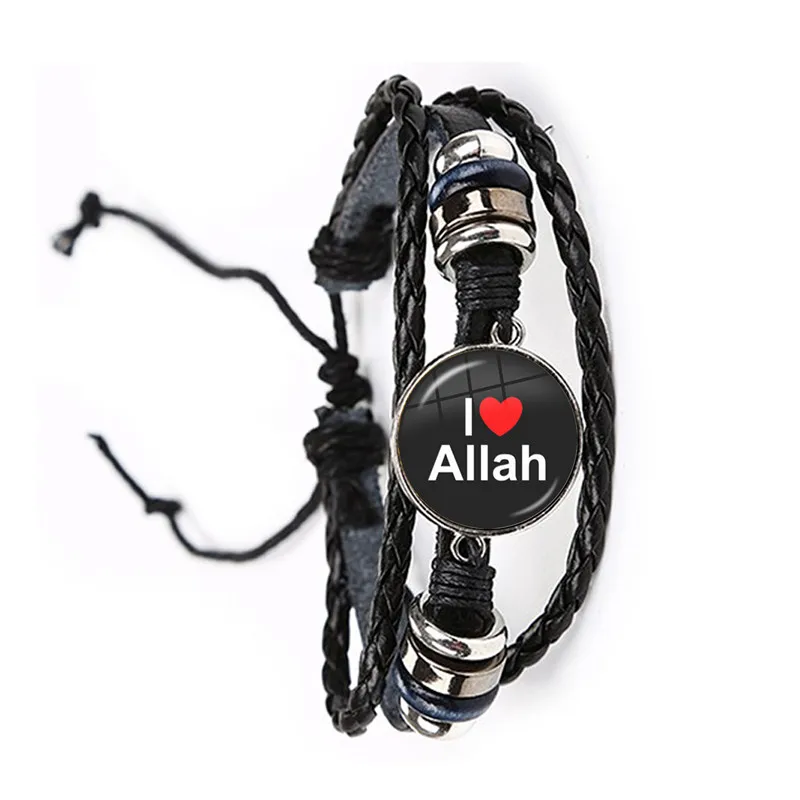 Arabic Islamic Muslim Black/Brown Leather Bracelet 20mm Glass Cabochon I Love Allah Religious Charm Jewelry For Woman Men Gift