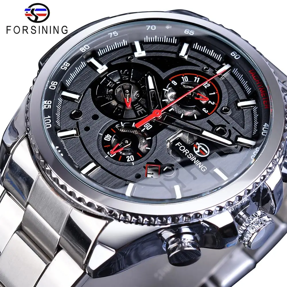 Forsining Silver Grey Mens Mechanical Watches Multifunction 6 Hands Date Military Army Sport Steel Strap Automatic Clock Relogio