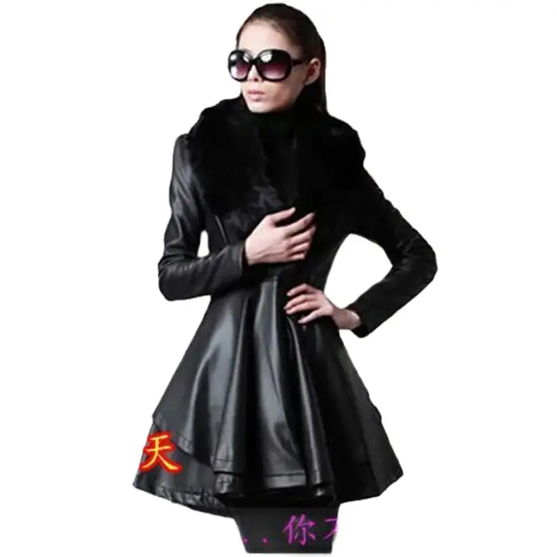 PU Leder Lange Leder Jacke frauen Pelz Kragen Abnehmbare Mantel Faux Leder Dünne Weibliche Temperament Leder Windbreaker Schwarz