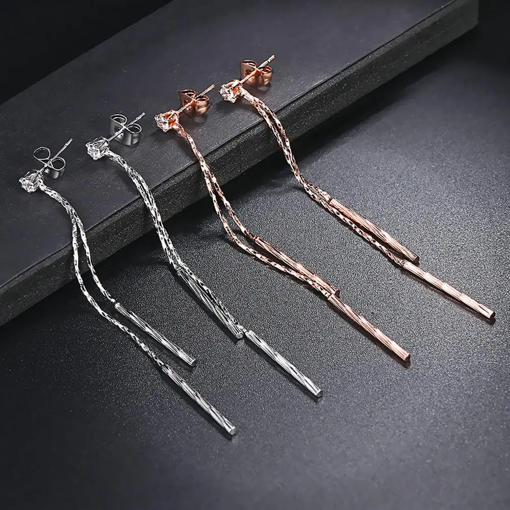 ZHOUYANG Long Tassel Earring For Women Simple Drop Ear Line Cubic Zirconia Rose Gold Color Gift Fashion Jewelry E805 E814