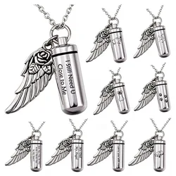 Pretty Rose flower angel wing Charm Cremation jewelry Cylinder Ash Urn Pendant Memorial Pet/Human Ashes Necklace Stainless Steel