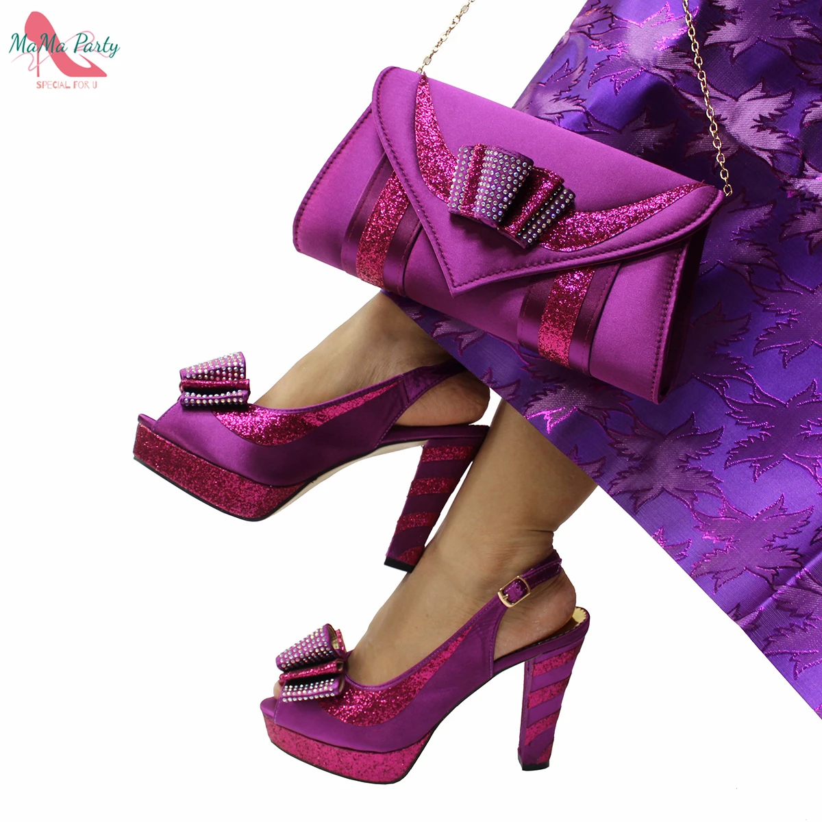 

2021 Specials Design Magenta Color Nigerian Women Shoes and Bag Set High Quality Slingback Sandals with Appliques for Wedding