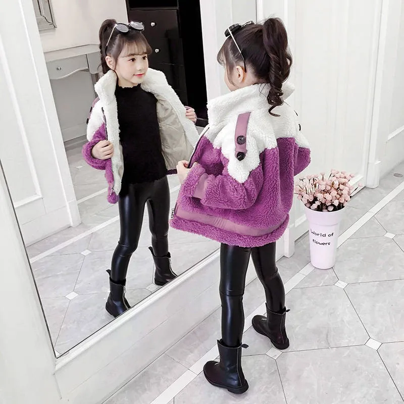 

Girls Cotton Padded Clothes Thermal Outerwear Fall Winter Children's Plush Thickened Fluffy Overcoat Kids Lamb Woolen Coat X493
