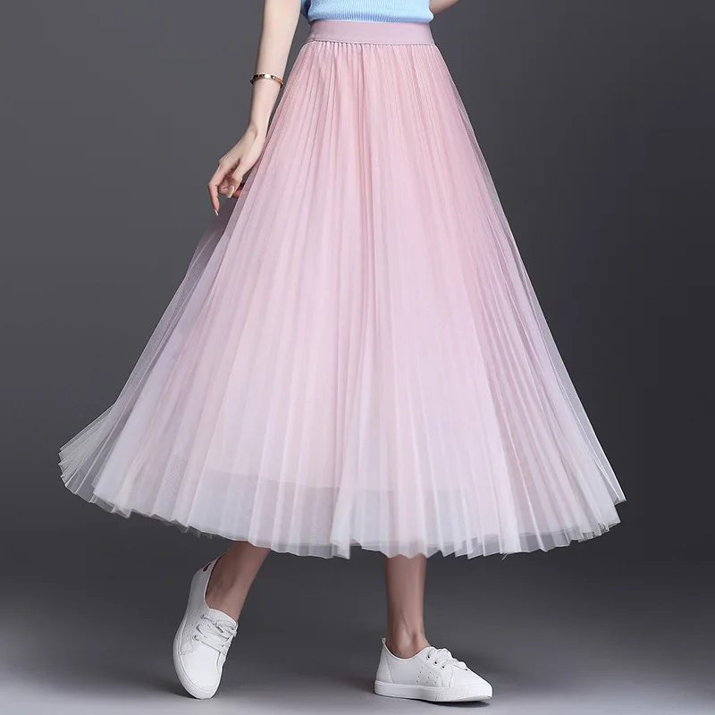 Fashion Lady New Spring Summer Elastic High Waist A-Line Long Pleated Gauze Skirt Elegant Women Sweet Girl Tulle Princess Dress