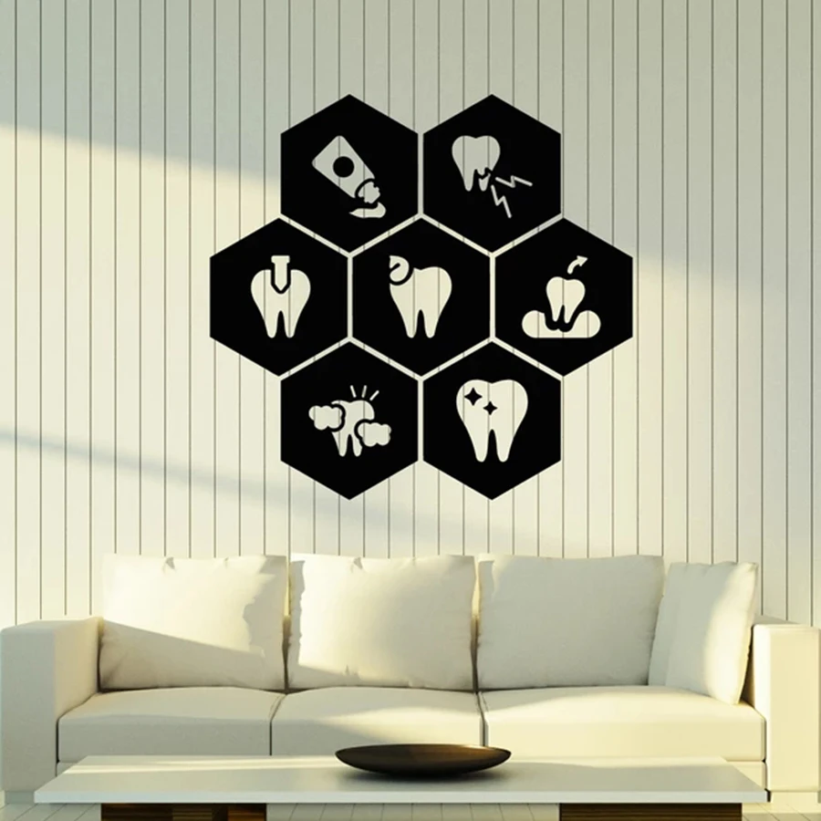 Teeth Vinyl Wall Sticker Dentist Clinic Healthy Toothpaste Dental Care Wall Decal Window Decoration Honeycomb Art Mural Decor