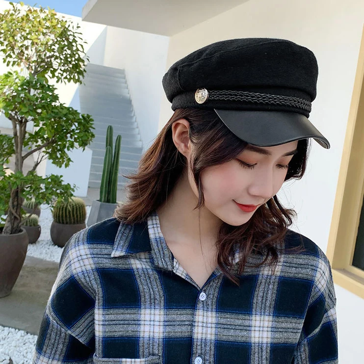2020 new fashion unisex PU leather hat autumn sailor hat man black gray flat top female travel student hat captain hat