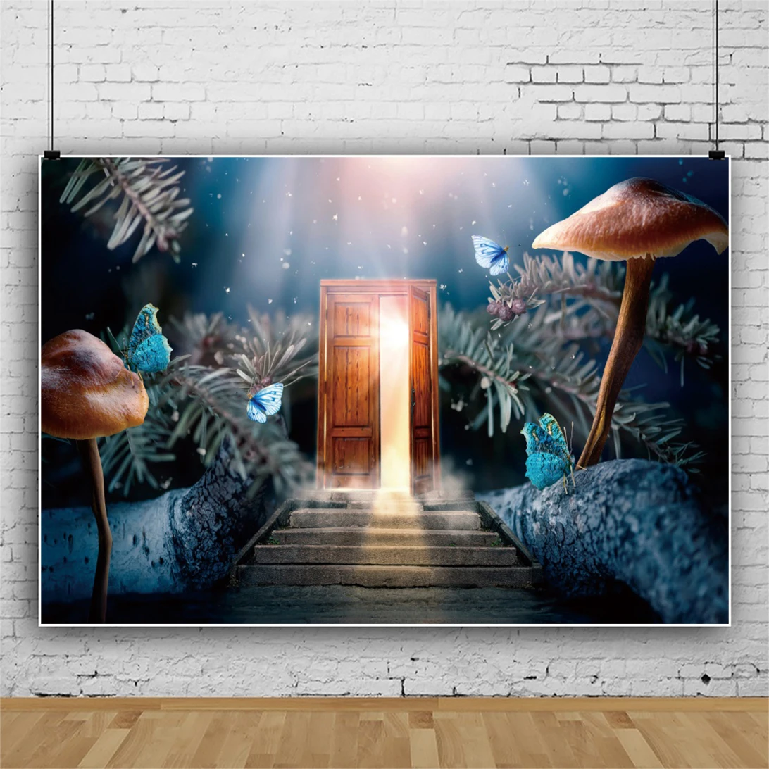 Laeacco Dongeng Fantasi Dunia Wonderland Latar Belakang Kupu-kupu Jamur Kamar Dekorasi Ulang Tahun Potret Fotografi Latar Belakang