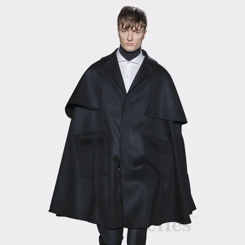 S-4XL!!Autumn and winter personality loose fashion men show fake 2 cape cape cape bat sleeve woolen coat tweed coat