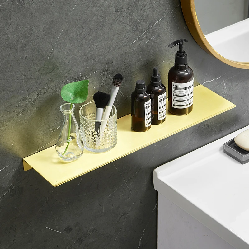 Brushed Gold Metal Bathroom Shelf Wall Mount Storage Rack Washstand Drilling Cosmetics Shelves Bathroom Kitchen  Accessories