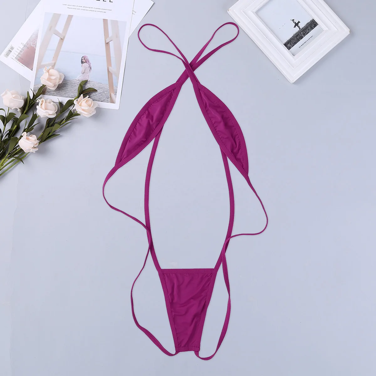 Bielizna damska Sling Shot strój kąpielowy Bikini jednoczęściowy Strappy w kratkę Backless Mini Bikini stringi Teddy body bielizna