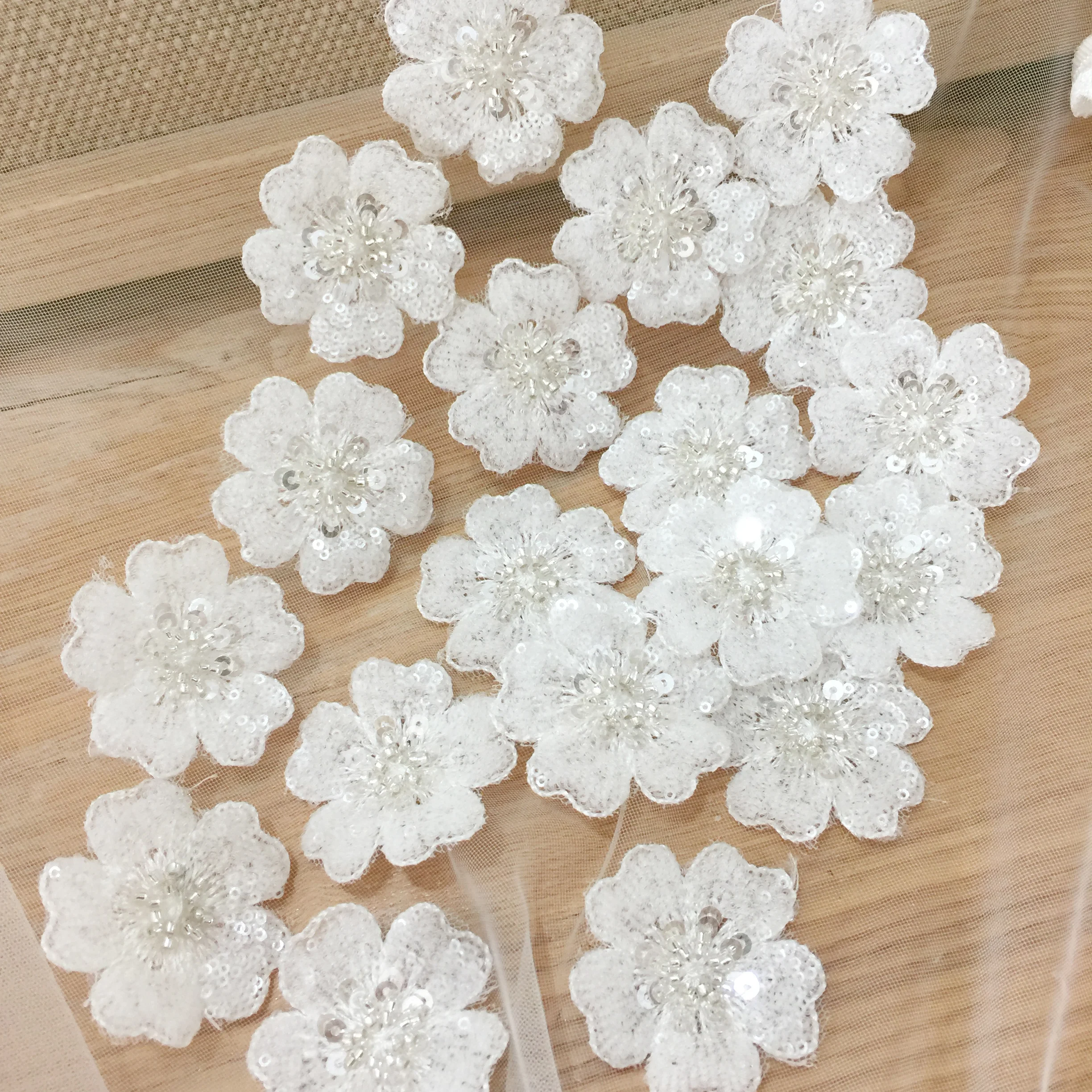 50 Pieces Off White 3D Sequin Beaded Lace Applique Flower Patch Motif Veil Bodice DIY Craft Supply 5cm Diameter