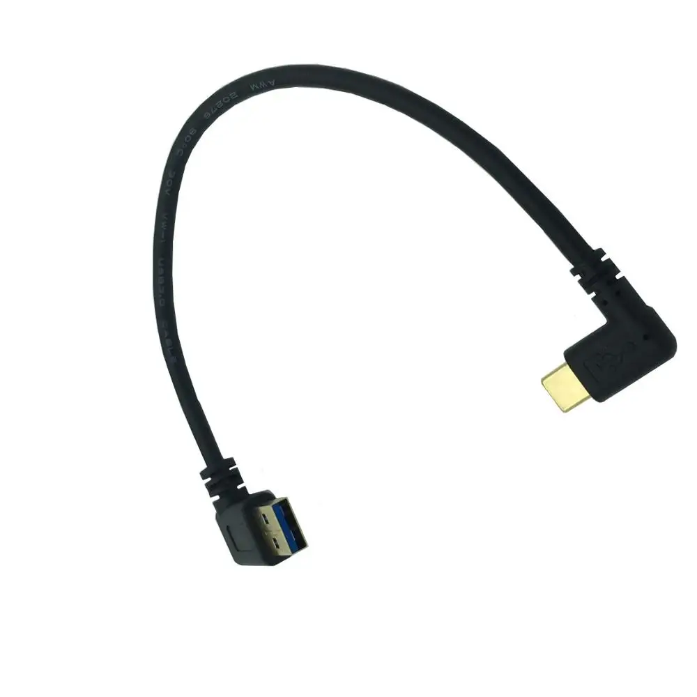 الزاوية اليمنى USB 3.0 Type-A ذكر إلى USB 3.1 Type-C ذكر كابل مطلي بالذهب أسود مزامنة البيانات وموصل الشحن 90 درجة
