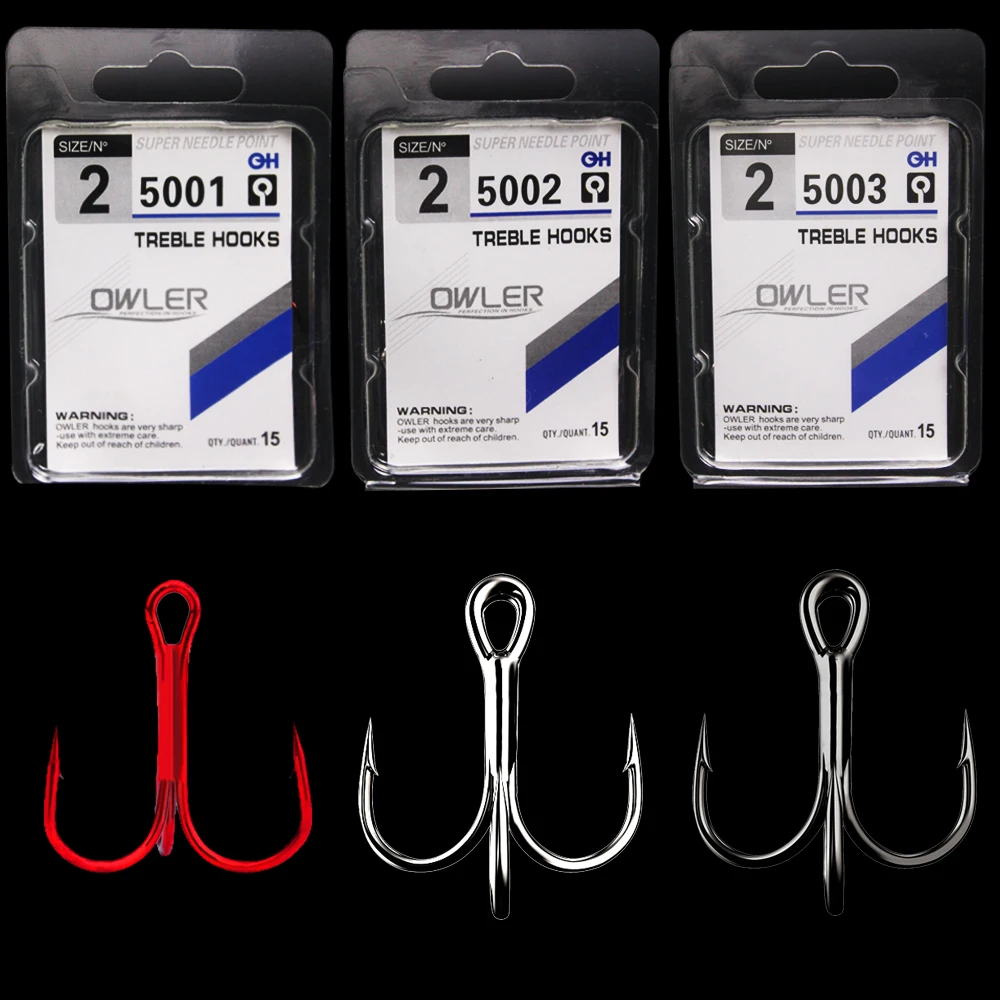 15pcs/box 3 colors treble Hooks Size 1#-14#  Round Bent Treble Saltwater Bass  Steel Fishhooks solid Triple Hooks