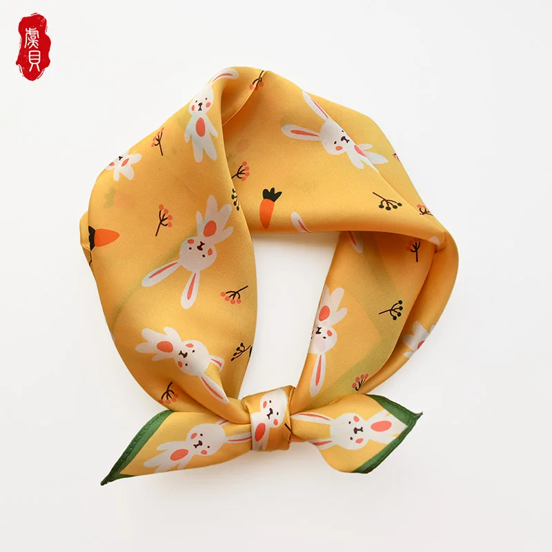 Yellow cartoon radish natural silk spring scarf girl 100% real silk summer cute pink scarves children small 50cm square headband