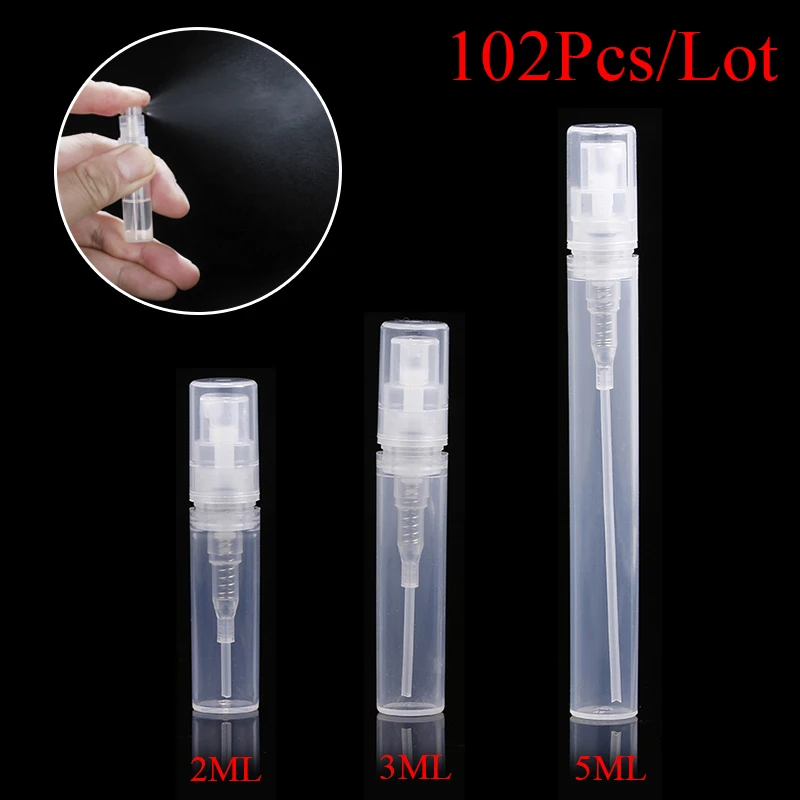 

102pcs/lot Empty 2ml 3ml 5ml Plastic Clear Perfume Spray Bottles Sample Refillable Bottle Translucence Spray Perfume Bottles