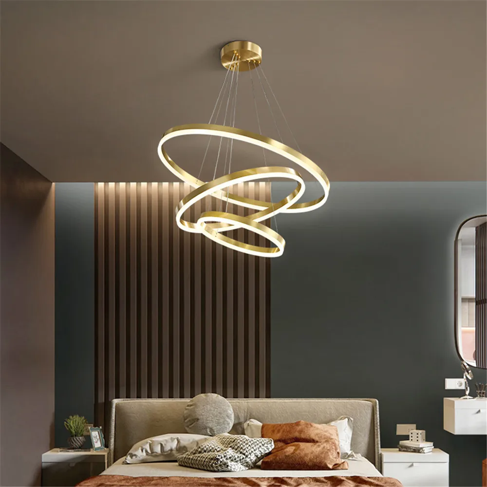 RC يعتم الحديثة Led الفاخرة ثريا نحاسية حلقات الإضاءة المنزلية السقف شنت أضواء الثريا تركيبات إضاءة داخلية