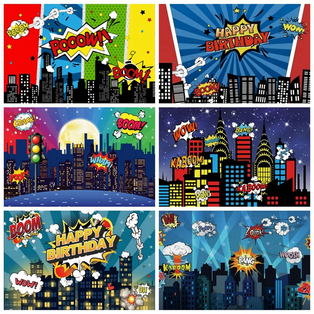 

Superhero Comics City Building Backdrop Kids Birthday Party Super Hero Baby Shower Portrait Photography Background Photo Studio