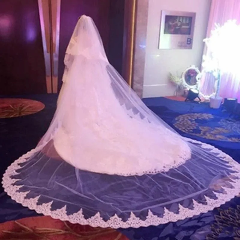 Voile de Mariage Blanc Ivoire à Deux Couches de 3m 4m 5m de Long, avec Peigne, Bord en Dentelle, pour Patients, Appliqué, Accessoire pour Cathédrale WED