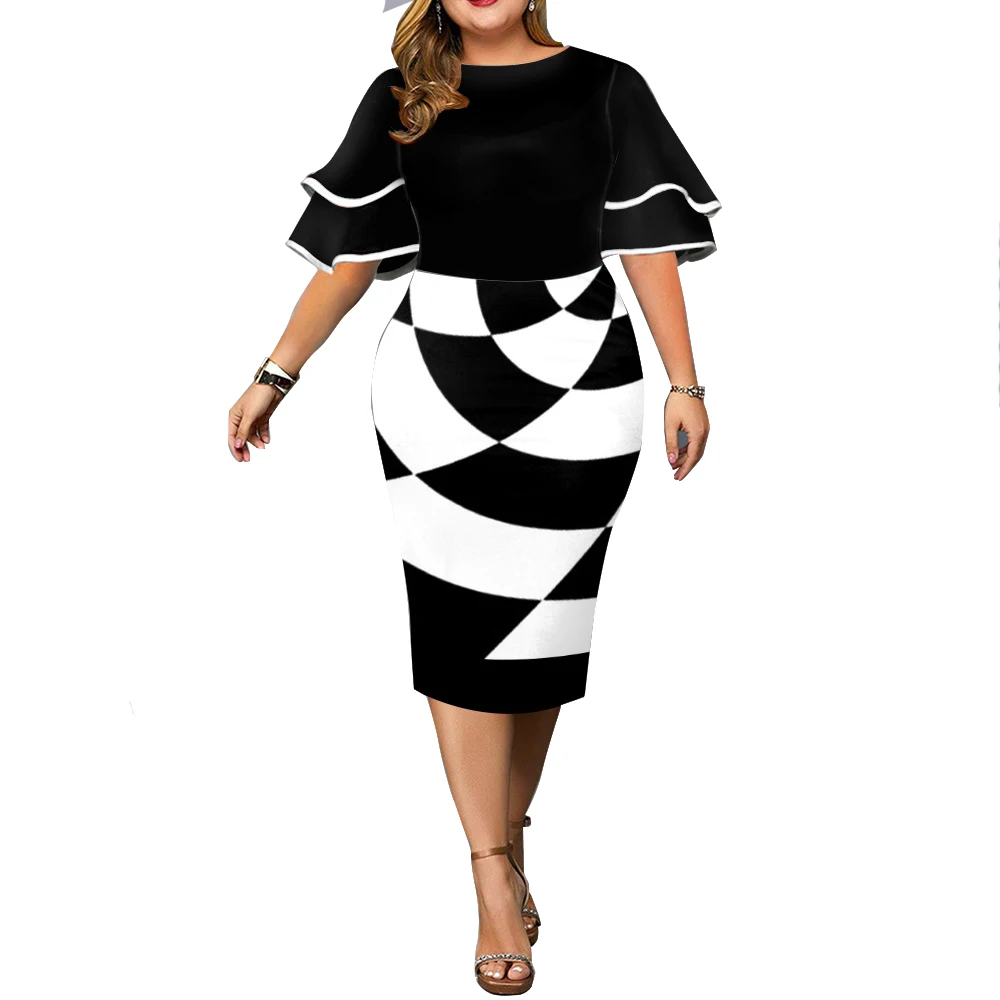 Plus Size Dress Elegant Geometric Print Birthday Party Dress 2021 New Women Layered Sleeve Wedding Evening Club Midi Dresses 5XL