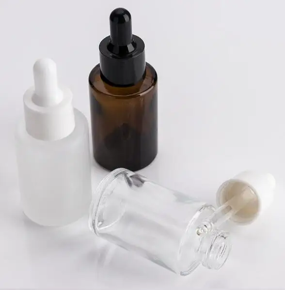 30ml Frosted /Clear /Amber Flat Shoulder Essence Bottles Thick 1OZ Glass Dropper Container with White Black Lids