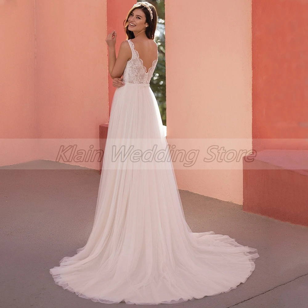 Weilinsha-Robe de mariée en tulle doux personnalisée pour les mariées, ligne A, dentelle, col en V, train de balayage, fibrpatients, quelle que soit la robe, 2023